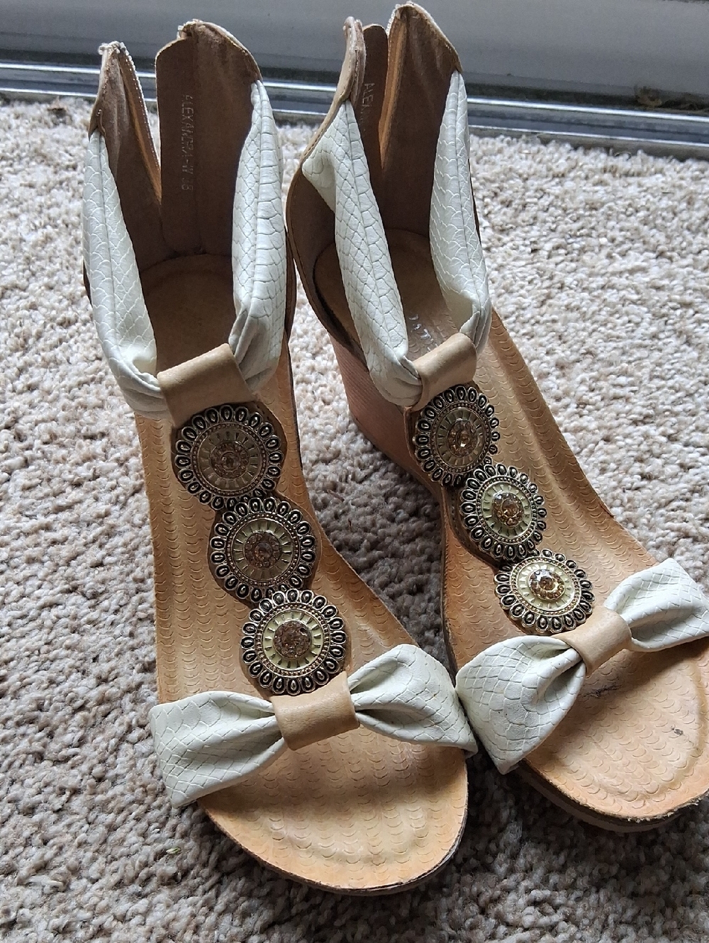 Beige and White Embellished Wedge Sandals - Women's Casual Dress Wedges